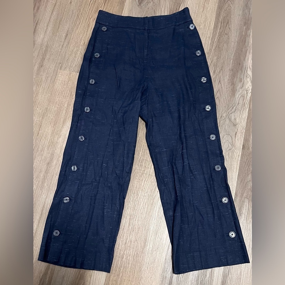 Women's Rebecca Taylor Navy Blue Linen Blend Side Button Pants